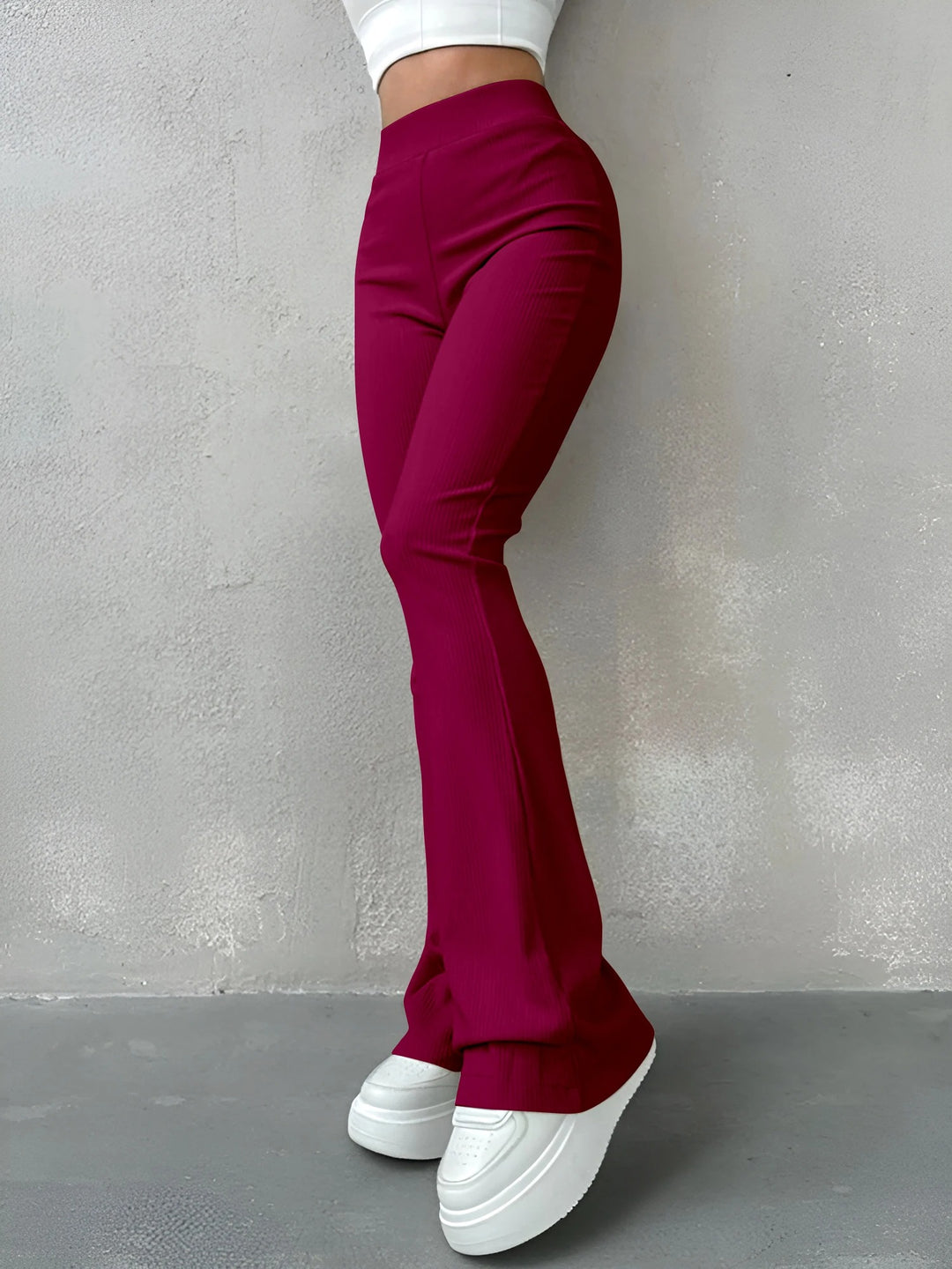 Pantalon femme taille haute à côtes