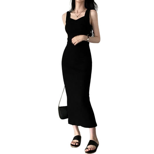 Robe tricotée sans manches à col carré pour femme