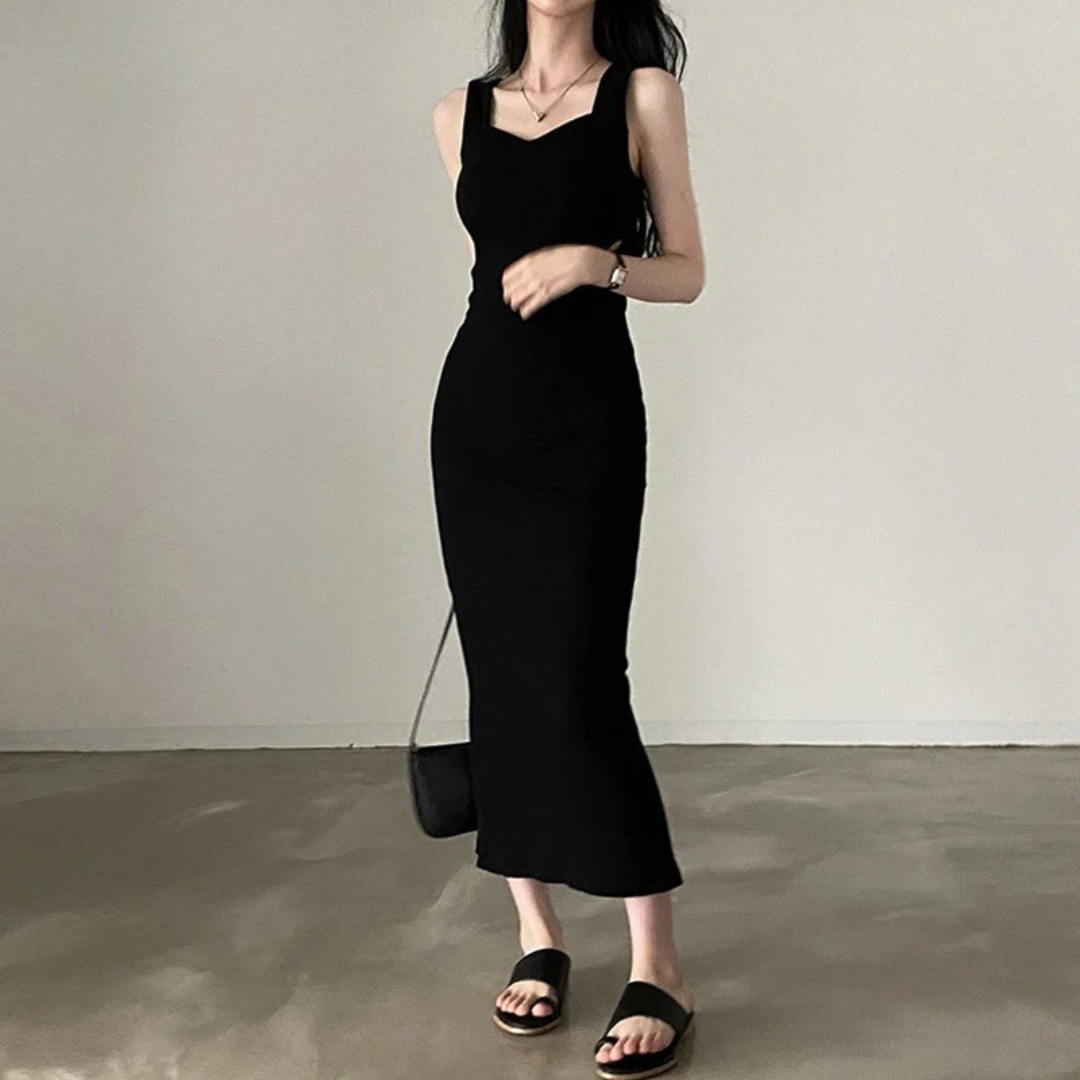 Robe longue en tricot sans manches à col carré pour femme
