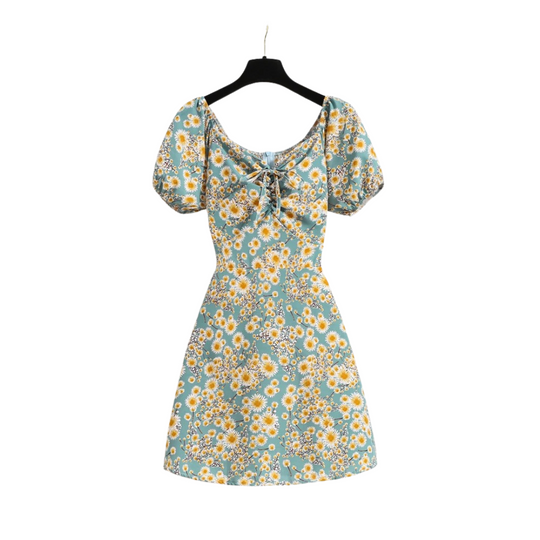 Mini-robe à manches bouffantes en mousseline à fleurs pour femmes